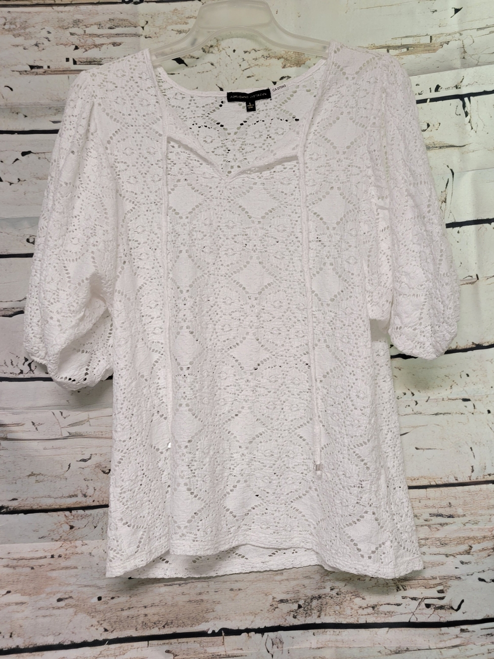 Adrienne Vittadini White Lace Crochet Blouse Puff Sleeve Tie Neck Top Women's L